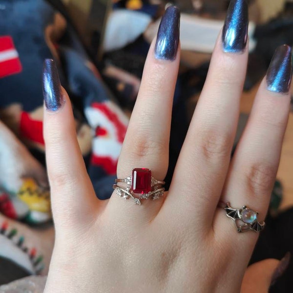 Vintage Emerald Cut Ruby Ring Set - 2ct Ruby Stacking Ring Set - Red ...