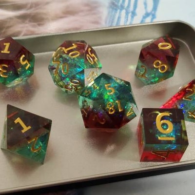 FLASHOWL Blood Dice Set For D&D - 7-Piece Polyhedral RPG Dice With Irregular Fuchsia Spots