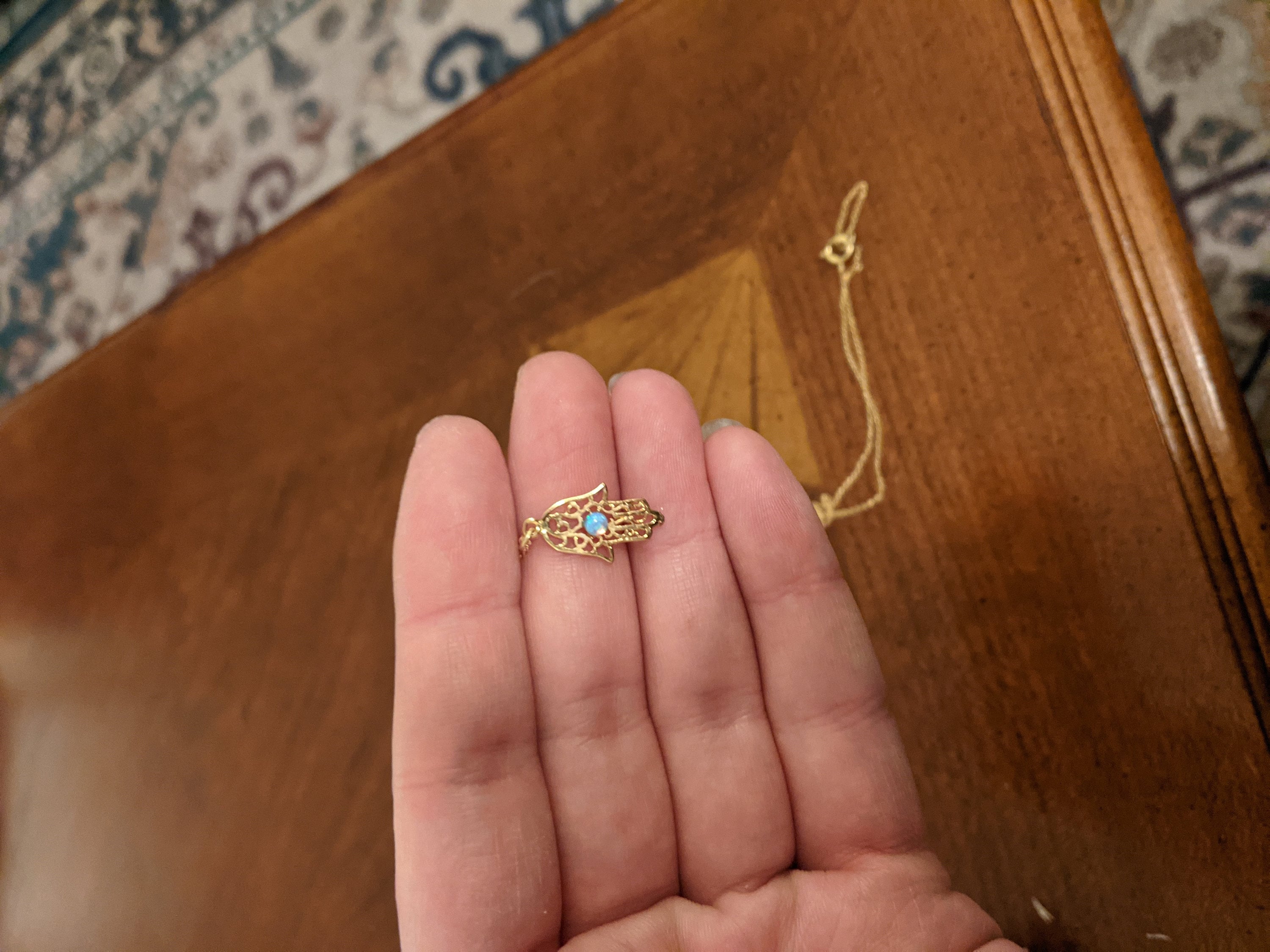 Opal hamsa necklace, gold Hamsa necklace, gold hand necklace, Delicate gold necklace, gold hand blue opal necklace, synthetic opal