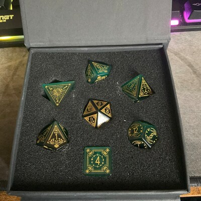 Green Turquoise Set of 7 Gemstone Polyhedral Dice with Gold Numbers for D20 based RPG's