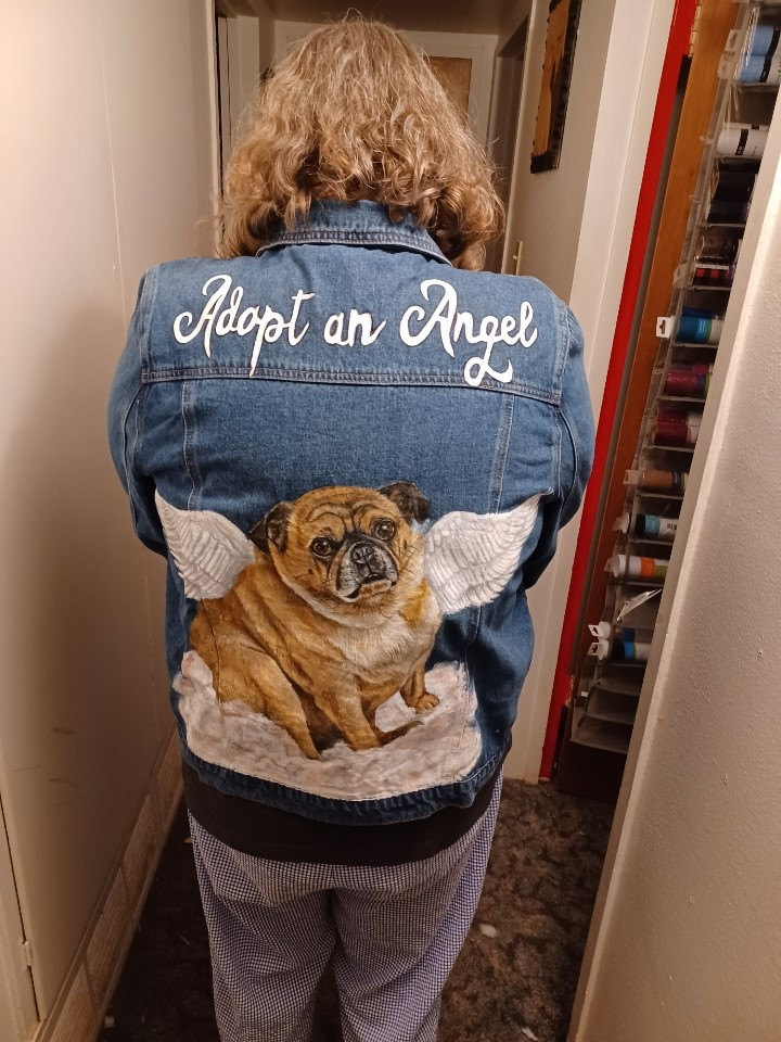 Pet Portrait Custom Denim Jacket- Hand-Painted vintage Adult denim jean Jacket- Paint from photo personalised painted pet design