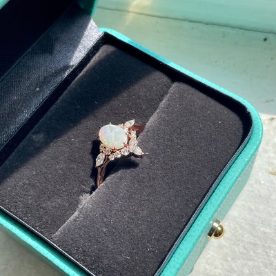 Natural Opal Engagement Ring Set Unique Oval Cut Solid Gold Engagement ...