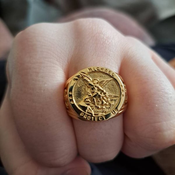 Mens Gold Ring, 18k Gold Signet Ring Men, Gold Man Ring, Protect Us St ...