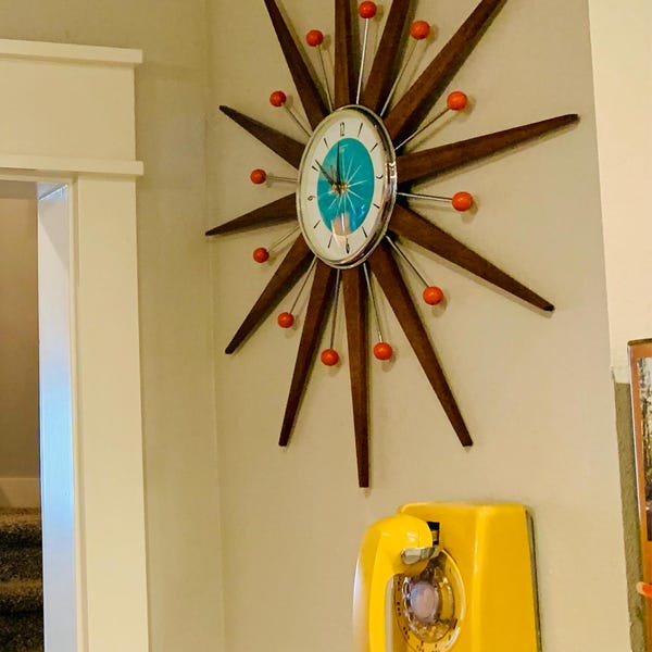 1970's Style Royalexe Mid Century Modern Wall Clock in Aquastone With a ...