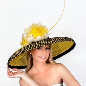 KAI Black and Gold/Yellow Straw Statement Derby Hat Fascinator Formal Hat M22021( Gold Black Hat ) Kentucky Derby Hat, Wedding Hat  main image 2