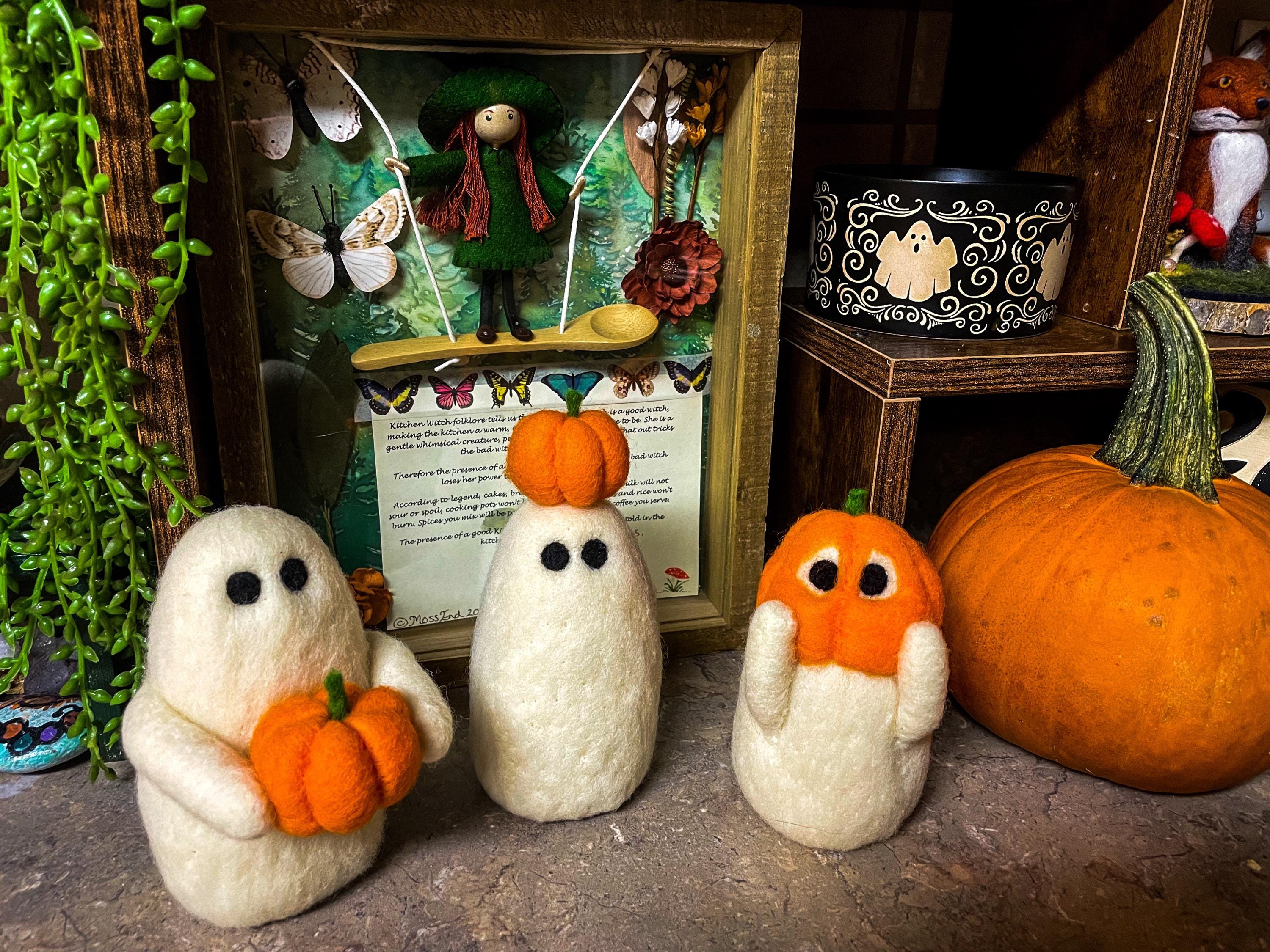 Whimsical Wool Felted Ghosts with Pumpkins | Halloween Decoration