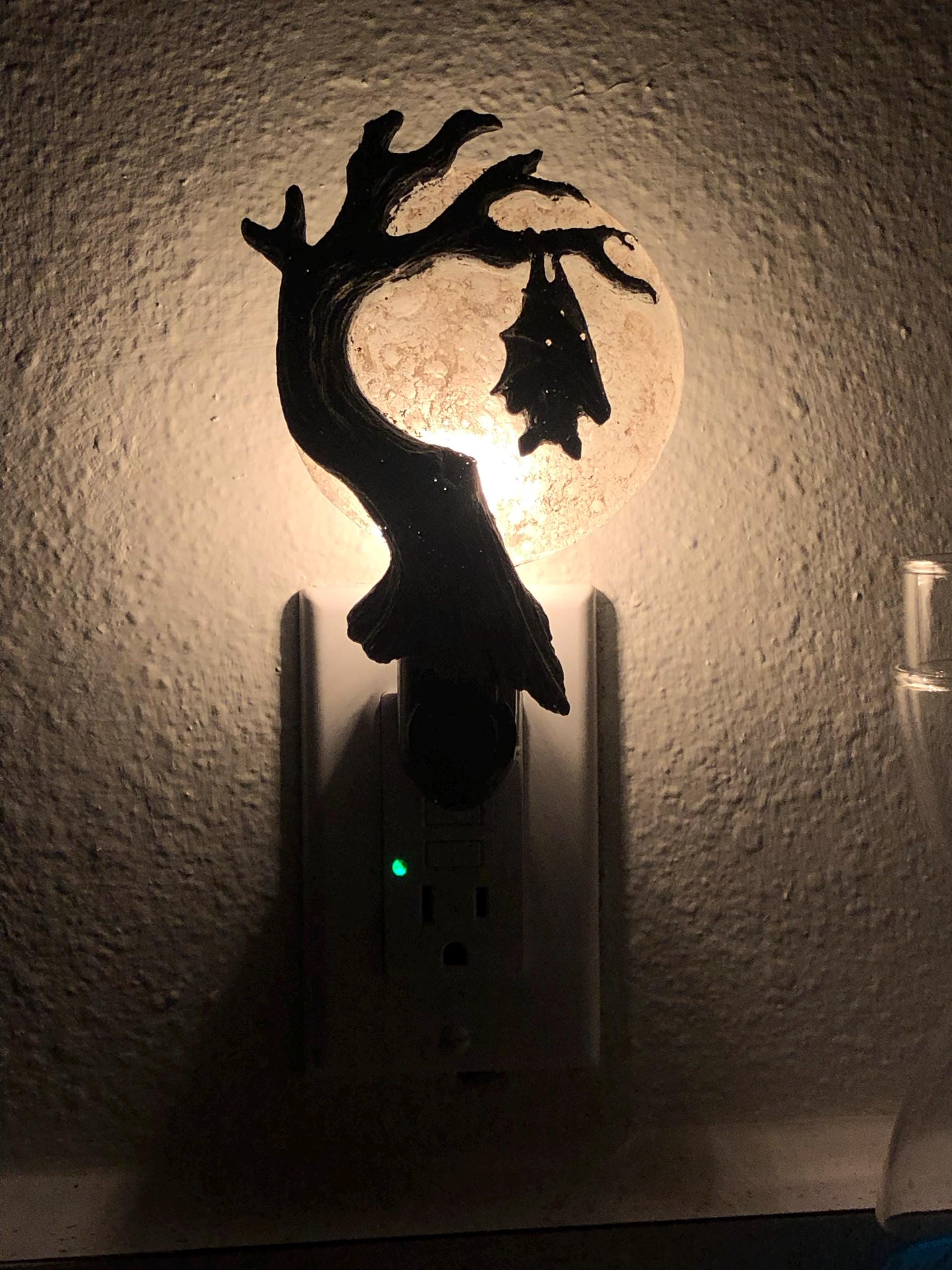Hanging Bat Nightlight, Hand Painted Resin Sculpture | Victorian Gothic Night Light |  Bat and Moon Lighting for Gothic Fantasy Home Decor