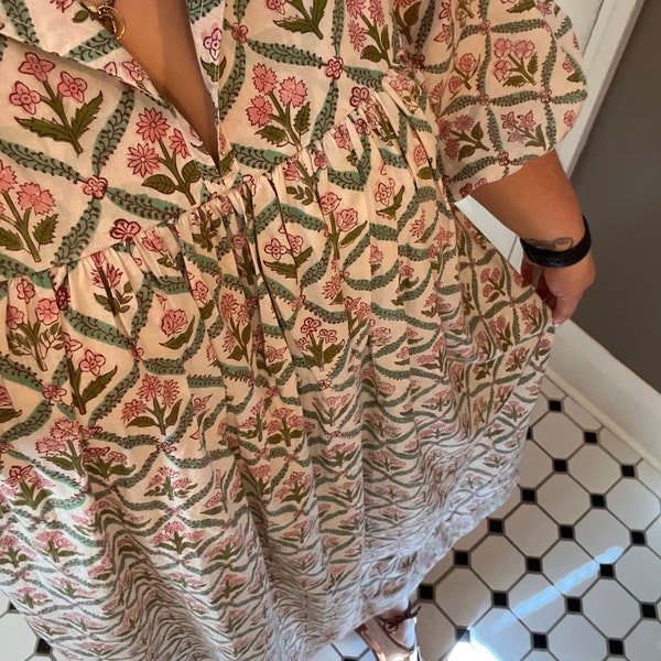 Pretty Pink Floral Cotton Maxi Dress – Frill Strap & Square Neckline – Hand Block Printed Dress