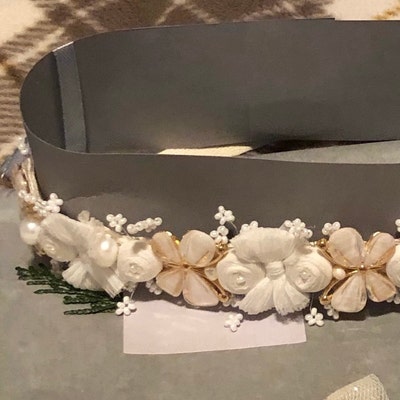 AMOS And SAWYER Waved Beaded Lace Halo Headband - Ivory & White For Newborn To Adult Photography