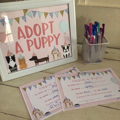 Adopt A Puppy Sign, Printable, Dog Birthday Party, Puppy Adoption, Girl ...
