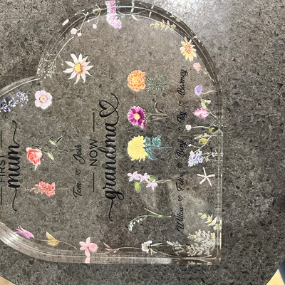 Personalized First Mom, Now Grandma Heart Acrylic Plaque, Birth Month Flowers Gift for Grandma ...