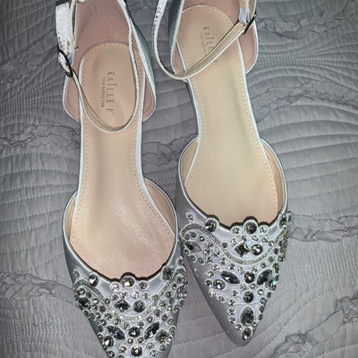 White Satin Pointy Toe Flats With Sparkly RHINESTONES APPLIQUE , Women ...