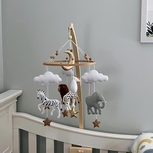 Flamingo Baby Mobile | safari neutral animals Africa nursery felt giraffe, lion and elephant crib moon and clouds babyshower gift