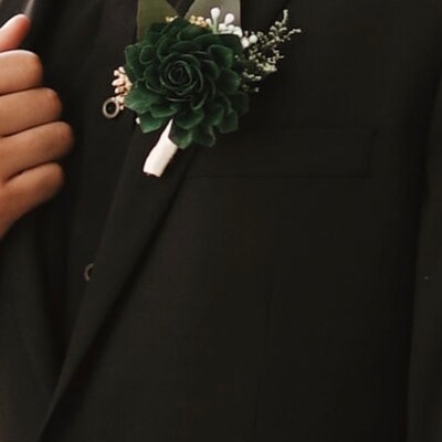 Dark Green and Gold Boutonniere, Emerald Dahlia Buttonhole, Groom and
