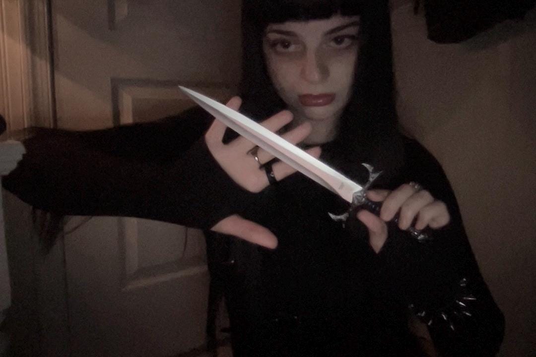 Black altar athame, adorned with skulls, matching sheath, ritual dagger with antique silver finish, 12-1/2" #20368