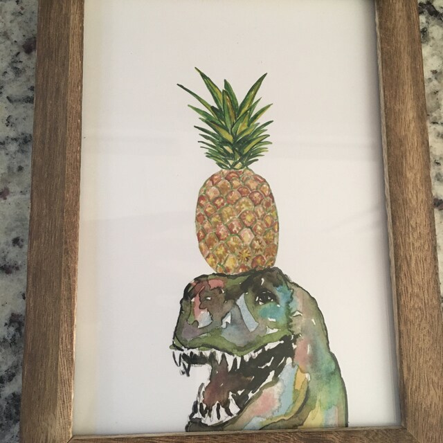 T-rex Pineapple Dinosaur Painting Watercolour Dino Trex Green Wall