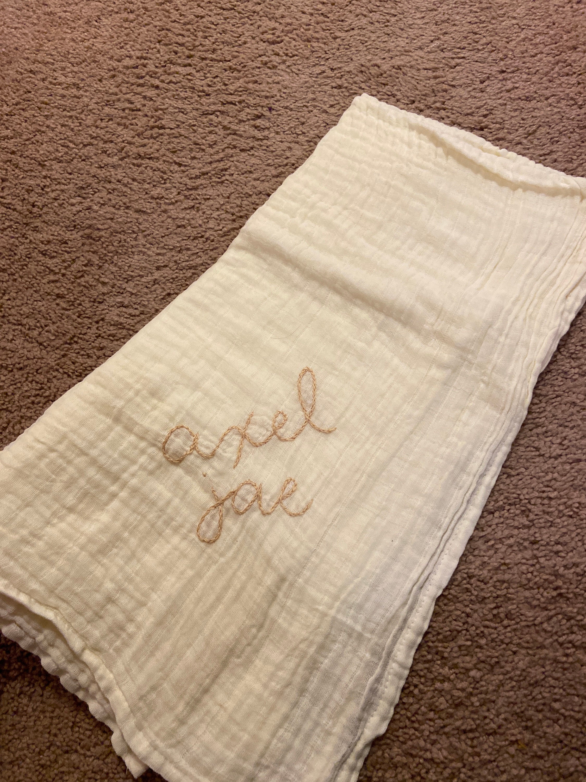 Hand Embroidered Baby Name Swaddle // Muslin Blanket //Name Announcement // Birth Announcement // Gender Reveal // Newborn Photos // Gift
