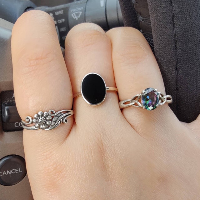 Oval Black Ring, Sterling Silver Ring, Ring With Flat Oval Oval Black Ring, Sterling Silver Ring, Ring With Flat Oval