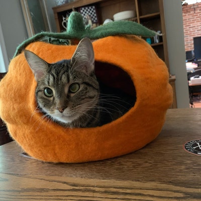 50cm Wool Pumpkin Cat Cave House, Felt Kitty Cocoon, Handmade Pet Bed, Wool Felt Cat Cave Bed ...
