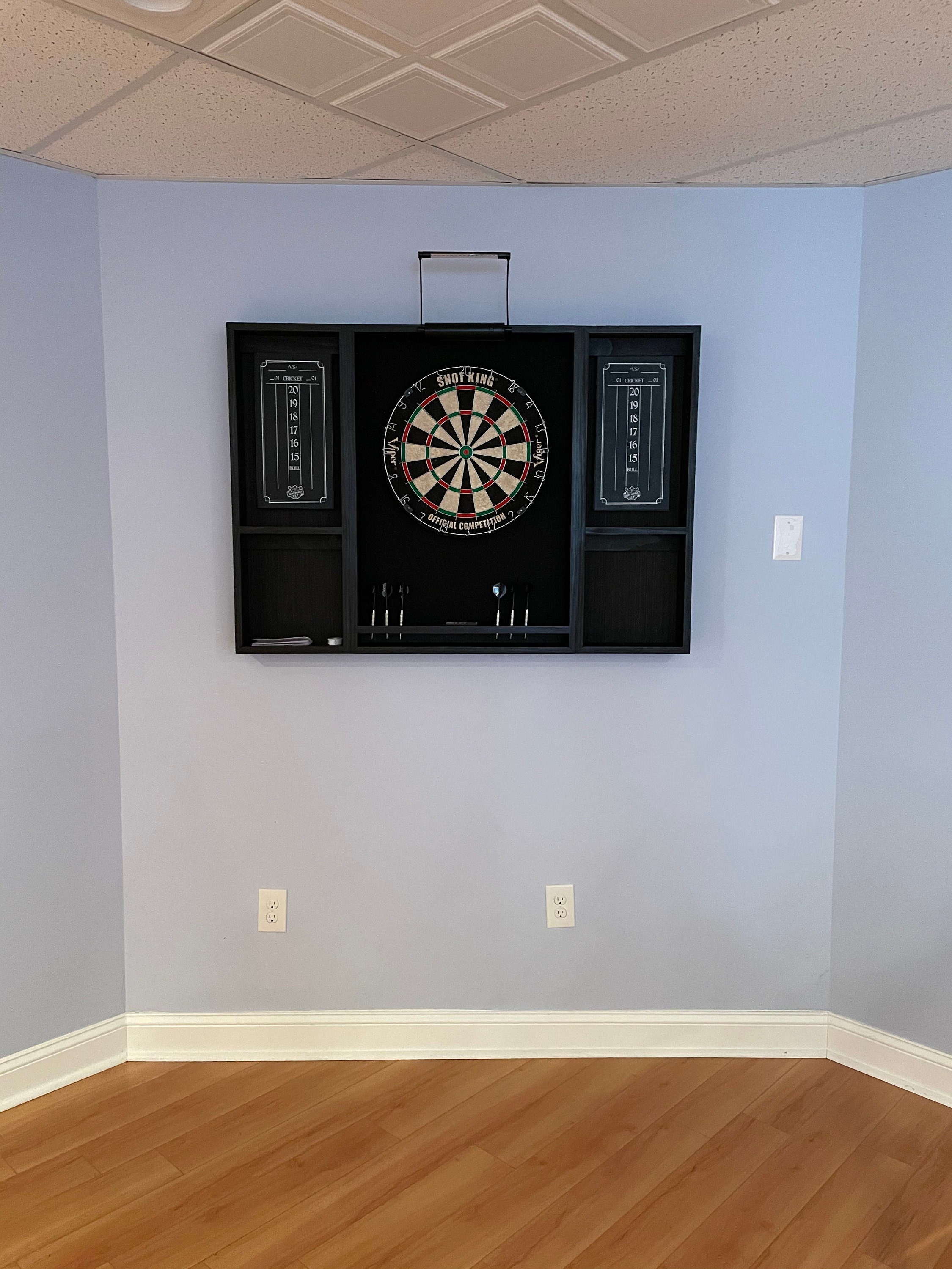 Makes a great fathers day gift  Our best selling Black dartboard cabinet with a Dartboard, darts, led light. and 2 scoreboards.