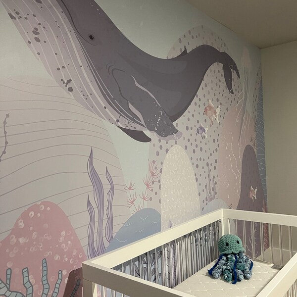 Blue Whale Wallpaper Ocean Motif Nursery Decor Removable Flying Whale ...