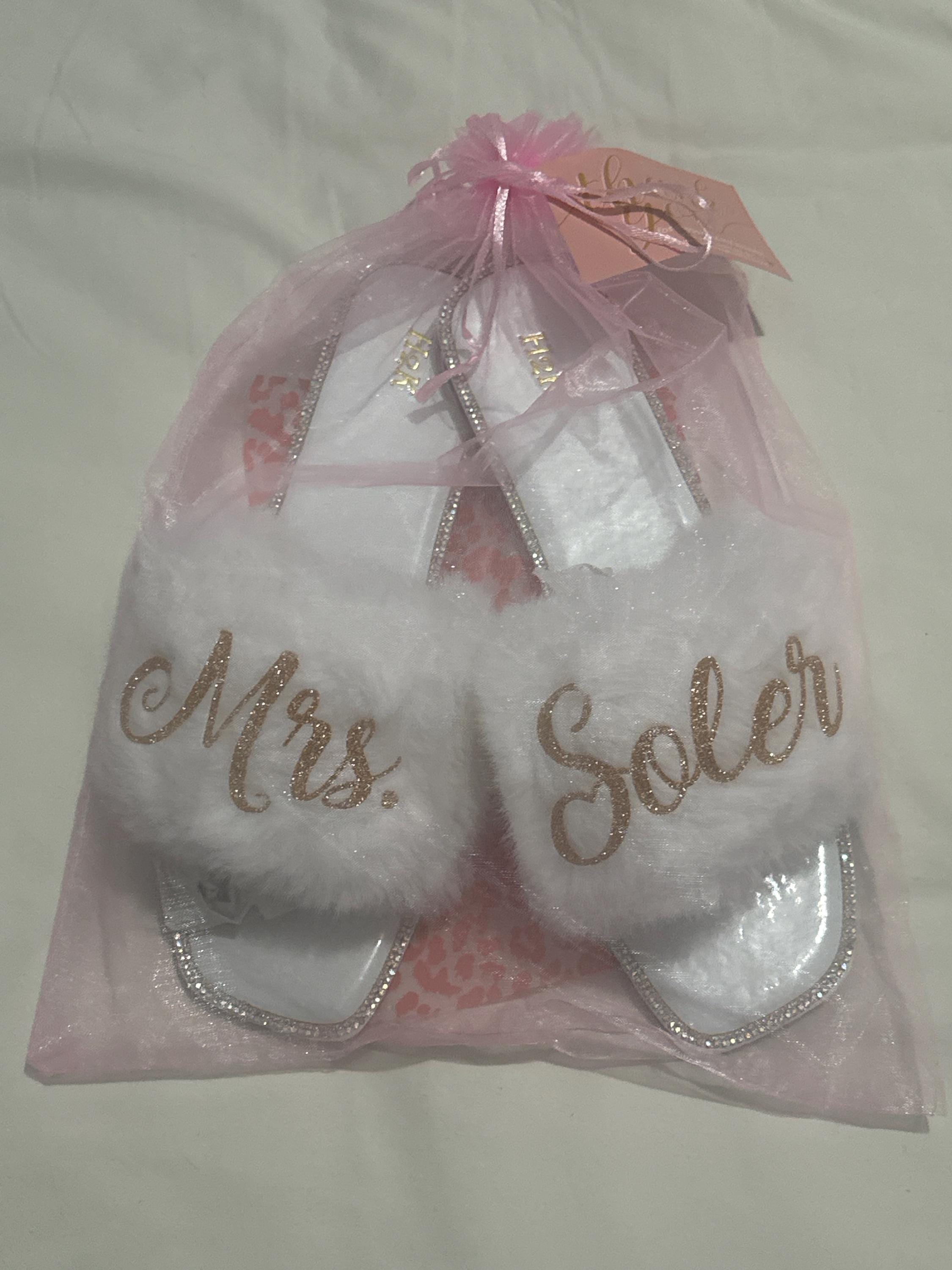 Bride Personalized White Fur Slides with Rhinestones |Bride Custom Slippers great gift for Bride to Be to get ready on Wedding day!