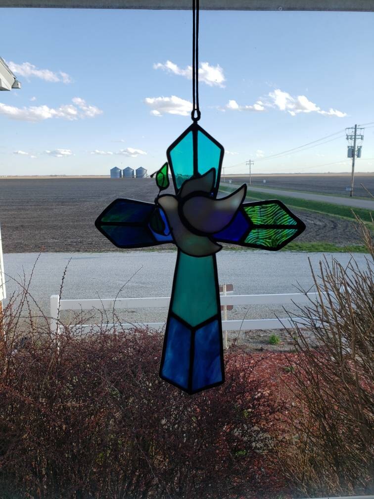 Stained Glass 3-D Cross w/Iridescent Glass Dove and Blue/Teal Glass Combination 7&quot; x 10&quot; Religion, Spiritual