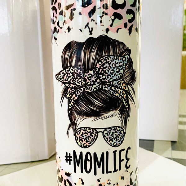 20 OZ Iridescent Leopard Mom Life Skinny Tumbler Design - Straight ...
