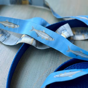 ANIMALS/ MARITIME Multicolor SHARK Ribbon Polytrim (22mm) Navy Base ...