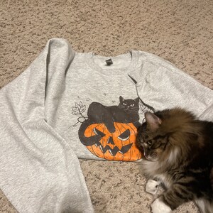 Neyaolk Halloween Pumpkin Cat Sweatshirt - Women's Loose Fit Long Sleeve Crewneck Pullover