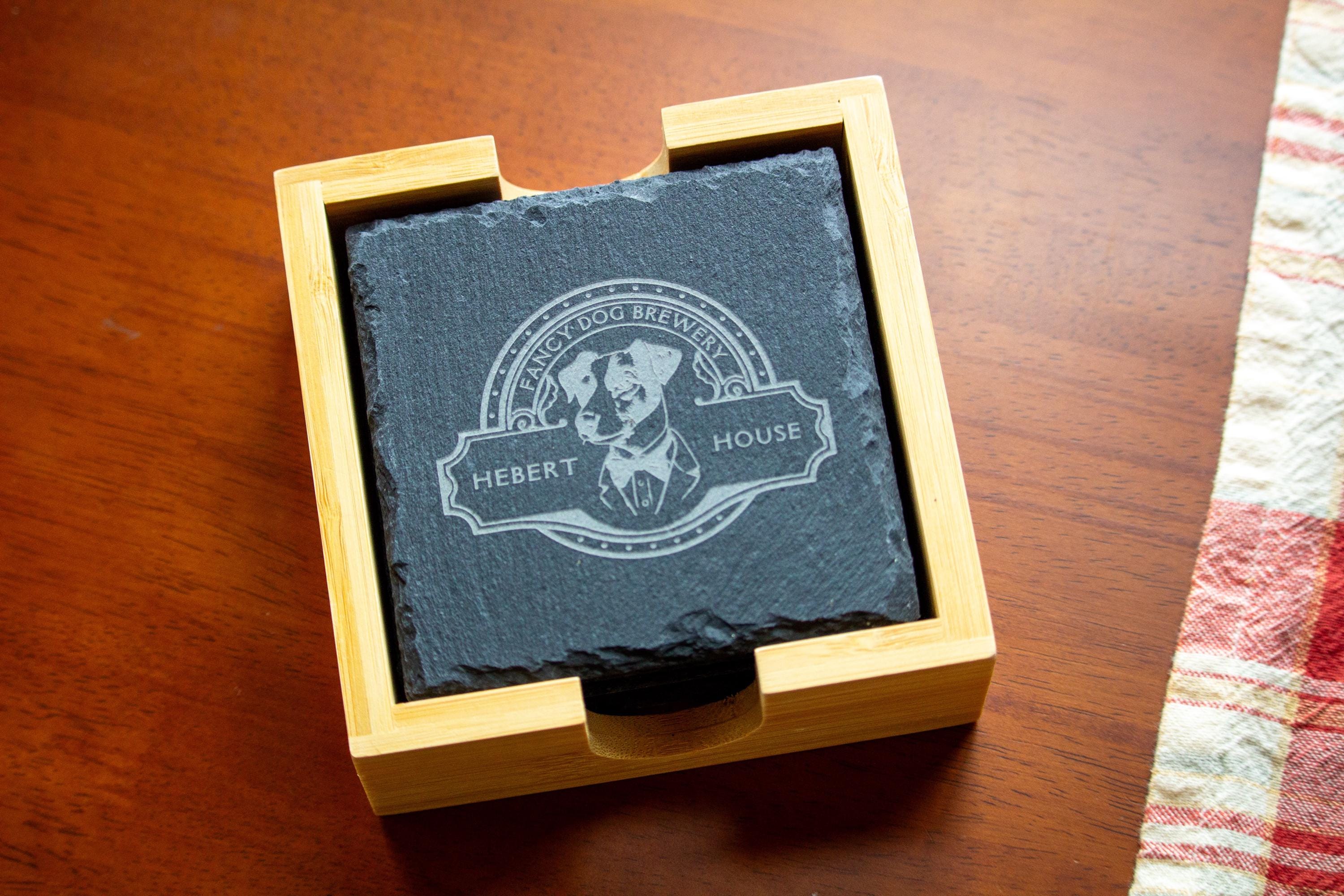 Customer photo of Set of 4 Custom Logo Engraved Slate Coasters with Bamboo Coaster Holder from Sarah