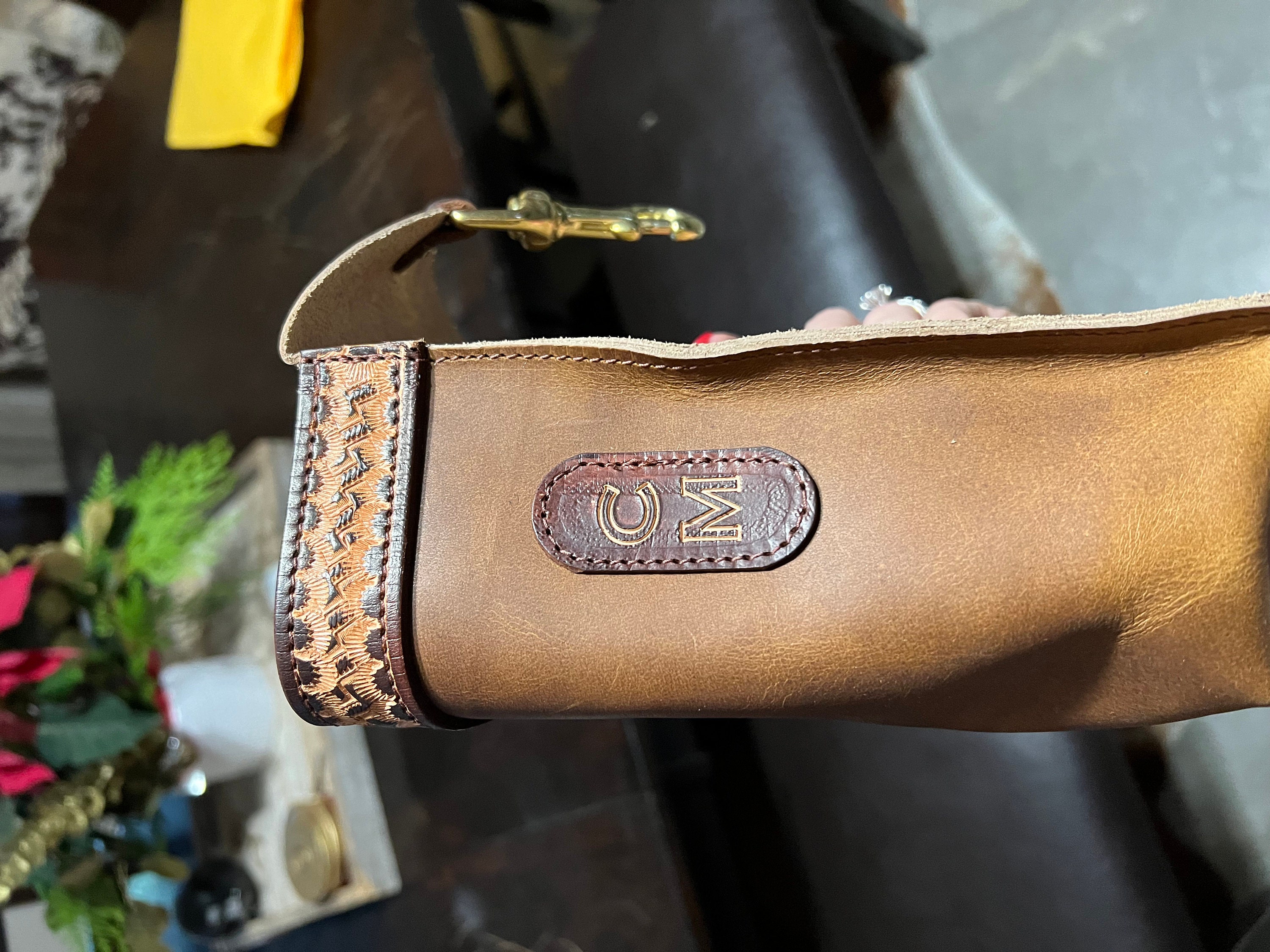 Leather Bottle Holder, Hand Tooled Trim, Travel Mug, Horn Bag, Clip to Saddle , Amish Handmade, Saddlebag Brown, Made in USA, Tie Down Strap