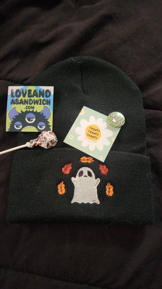 Ghost Embroidered Knit Beanie in Green, Black or Brown