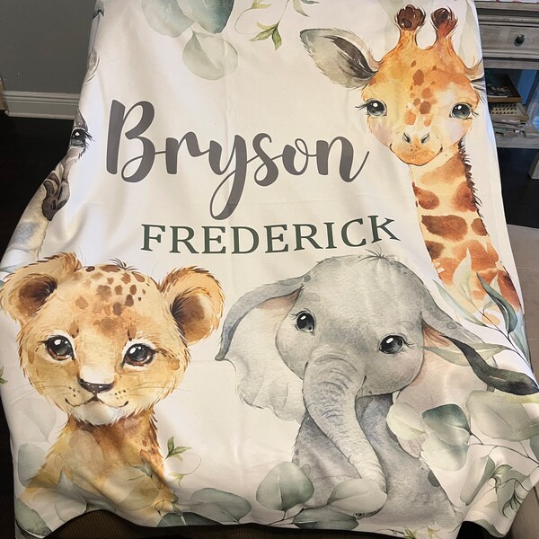Safari Animals Baby Blanket, Jungle Greenery Personalized Boy Girl Name ...