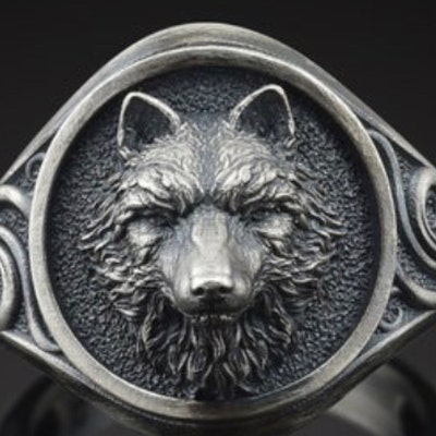 Handmade Sterling Silver Wolf Signet Ring For Men - 925 Silver Boho Alpha Ring, No Stone