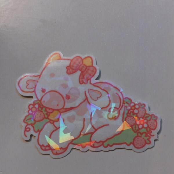 Strawberry Cow - Holographic Vinyl Sticker - Etsy