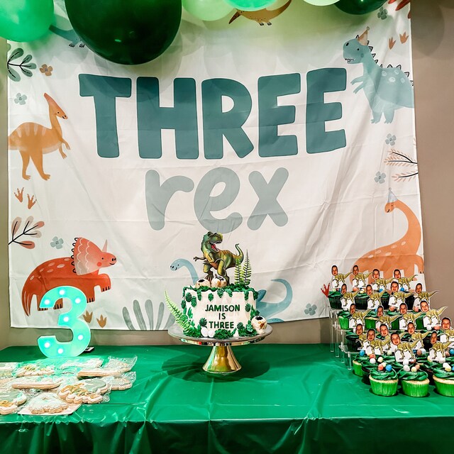 Dinosaur 3rd Birthday Backdrop - 7x5ft Green Dino Party Background For Photo Booth & Decor
