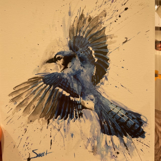 ブルージェイの水彩画プリント、飛んでいる青い鳥の絵、カラフルな鳥の