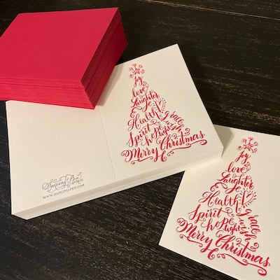 Christmas Cards Featuring Calligraphy Christmas Tree in Red Letterpress ...