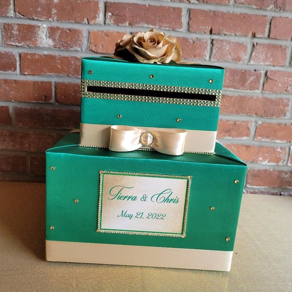 Emerald Green Wedding Card Box, Champagne Gold Roses & Rhinestones - Etsy