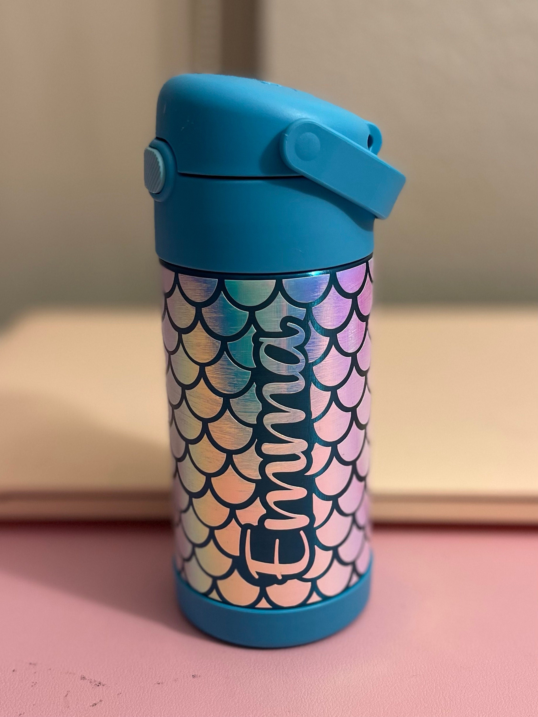 Insulated Kids Water Bottle, Personalized Mermaid Water Bottle, back to school, custom holographic mermaid print with name, straw and lid