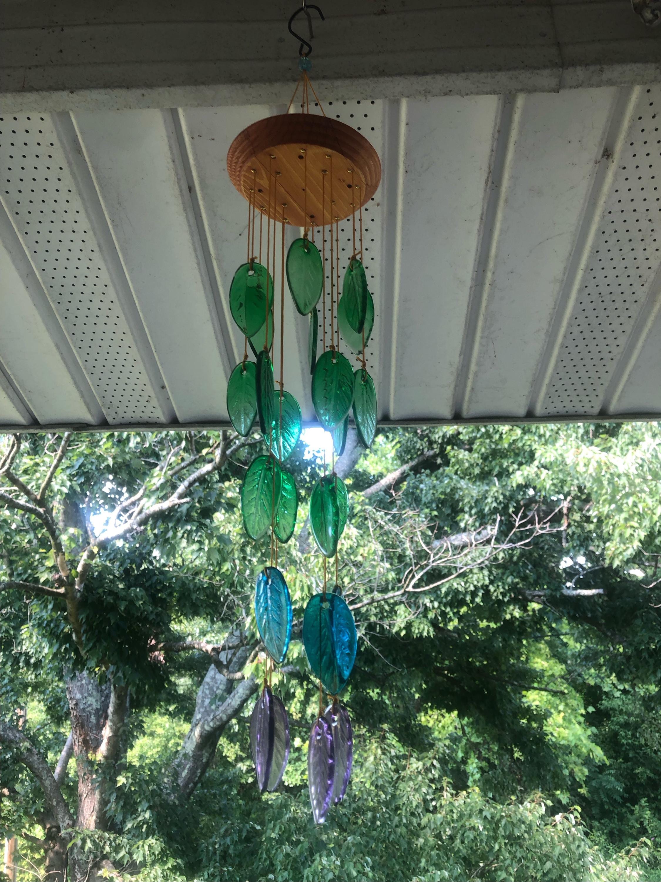 Rainbow colored Glass Leaves Wind Chime, Free Shipping.  Personalized Card on Request. Gift for  Mother. Father, Mom or Friend. Upcycle Art.