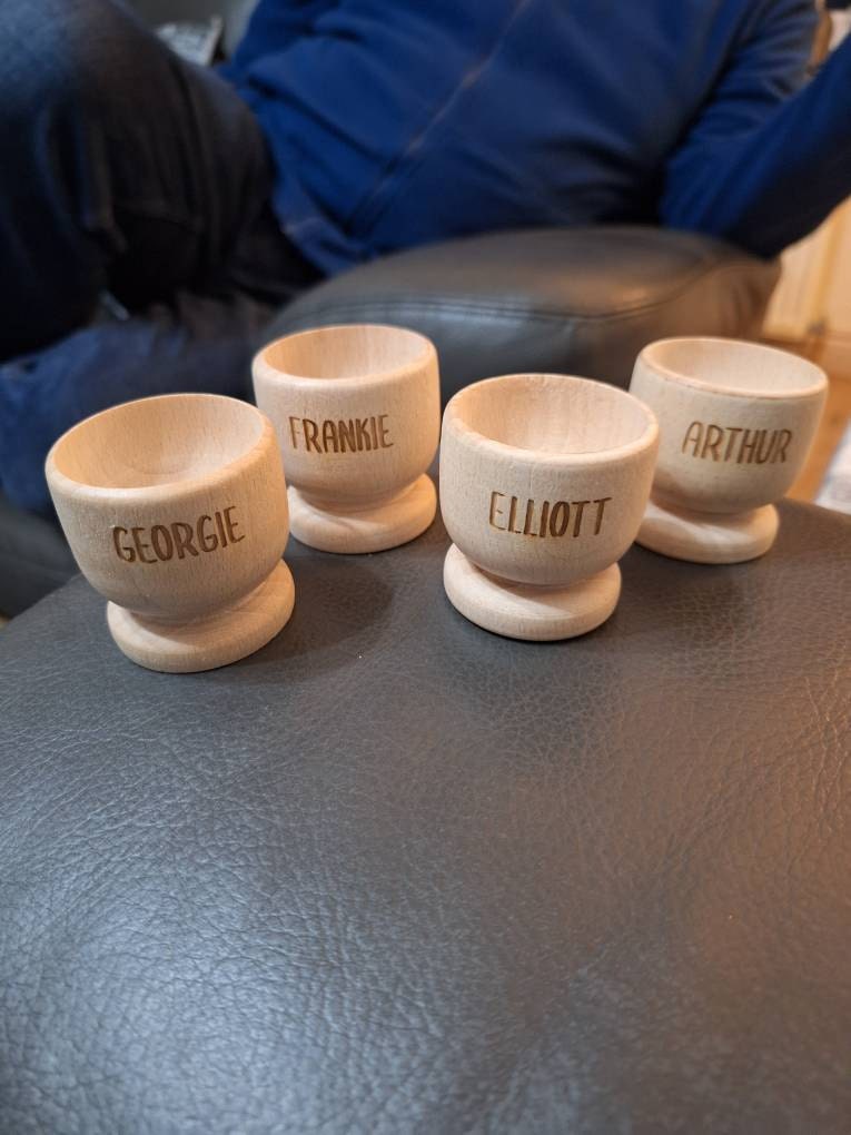 Personalised Egg Cup, Engraved Wooden Egg Cup, Easter Gift for Kids, Dippy Egg Holder, Unicorn, Dinosaur, Solider, Bunny Rabbit, Chick