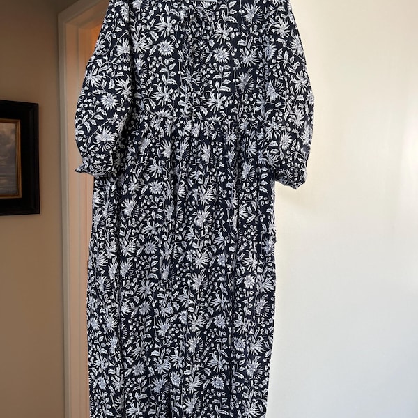 Blue Floral Block Print Cotton Midi Wrap Dress main image 1