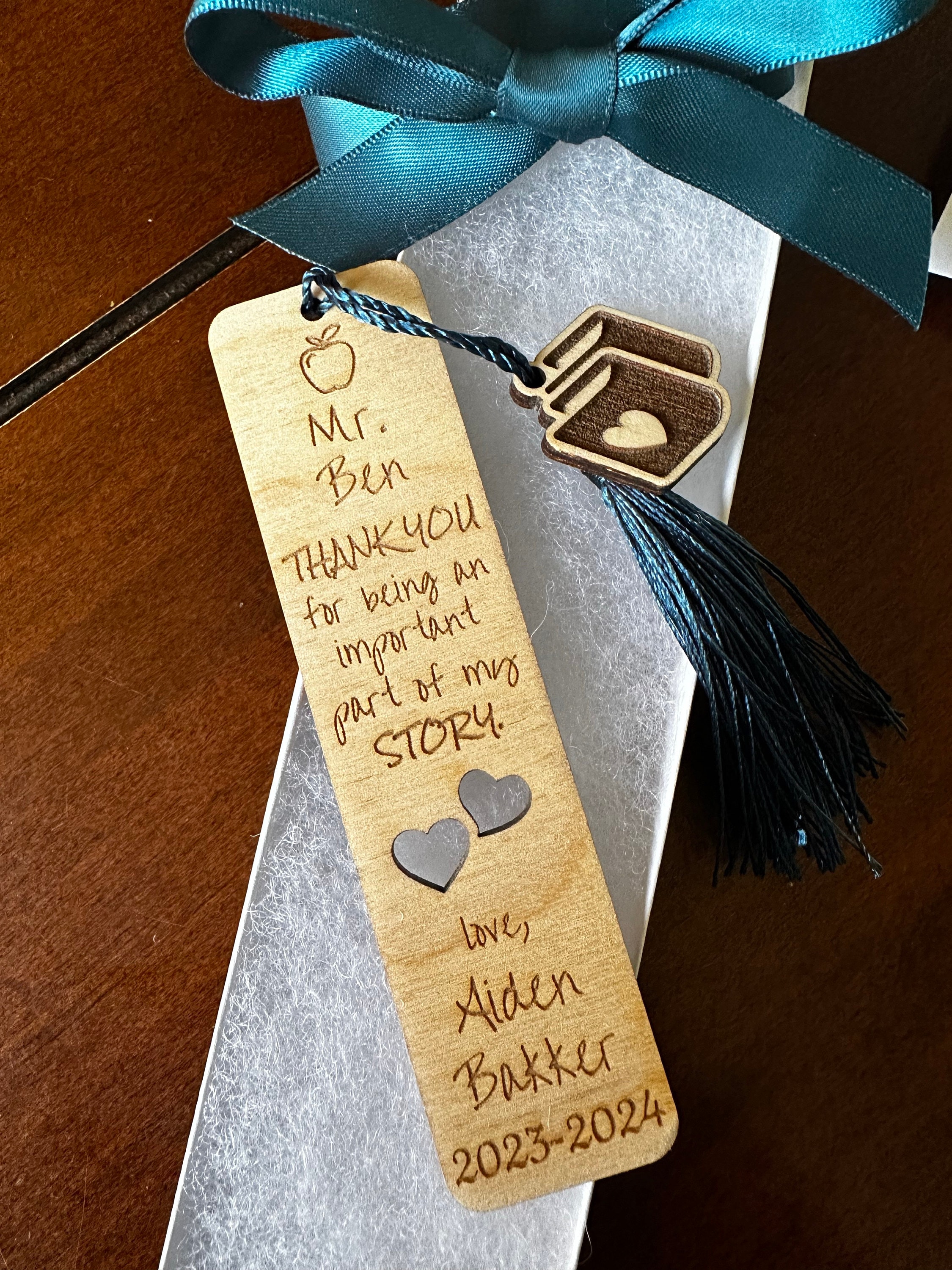 Teacher Appreciation Gift Personalized Thank You Wooden Engraved Bookmark with charm, gift boxed ready to give