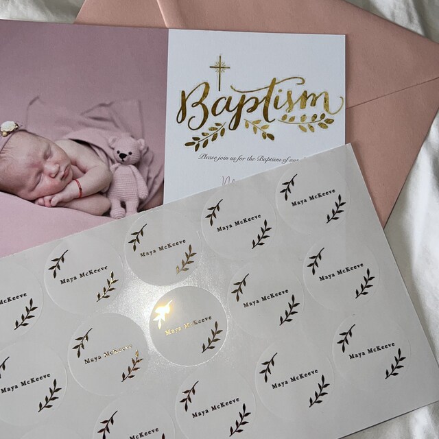 Foiled Wedding envelope stickers with personalised names. Gold, Rose Gold  or Silver foil labels. Semi clear matt seal for gift or favour