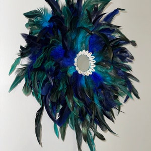 Arch Juju Hat Peacock Feathers, Boho Wall Hanging, Blue and Gold