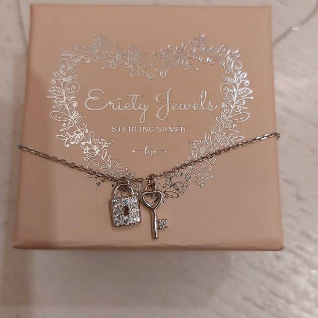Cz Padlock and Heart Key Pendant Necklace for Women, 925