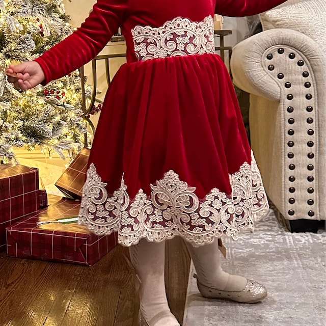 fitted lace wedding dress Matching Red Velvet Christmas Dress & Romper,6M to 4t. Romper / 12M main image 0