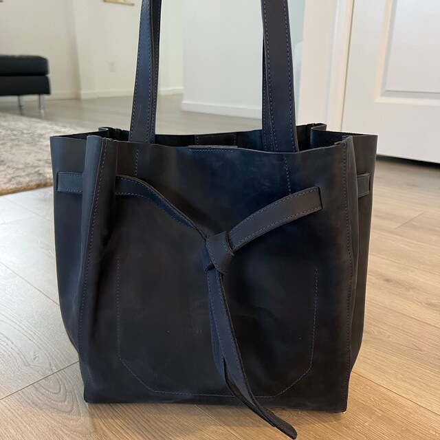 Navy Leather Tote Bag — Work Tote Handbag, Dark Blue Laptop